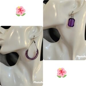 HANDMADE Set of Two Purple Teardrop Hoop Acrylic Gem Earrings